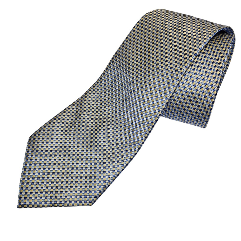 Joseph Abboud Mens Silk Necktie Blue Gold Silver Woven Micro Check Geometric Tie
